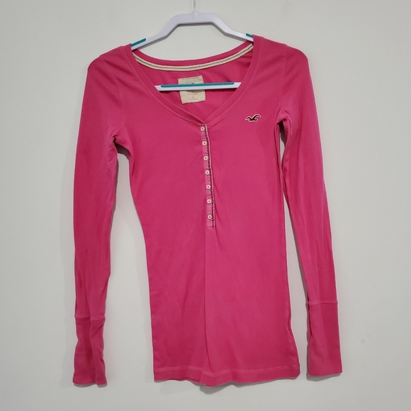 Hollister Y2K Coquette Button Top Long Sleeve Henley Pink Grunge Top Size Large - Picture 1 of 6
